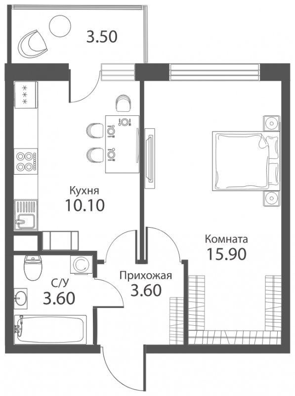 1-комнатная квартира с частичной отделкой, 34.3 м2, 14 этаж, сдача 2 квартал 2022 г., ЖК Аквилон PARK, корпус 1 - объявление 1275713 - фото №1
