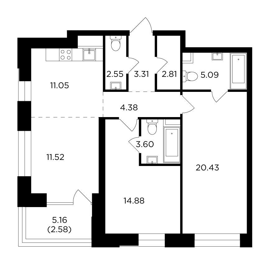 3-комнатная квартира без отделки, 82.2 м2, 17 этаж, дом сдан, ЖК FORIVER, корпус 5 - объявление 2371295 - фото №1
