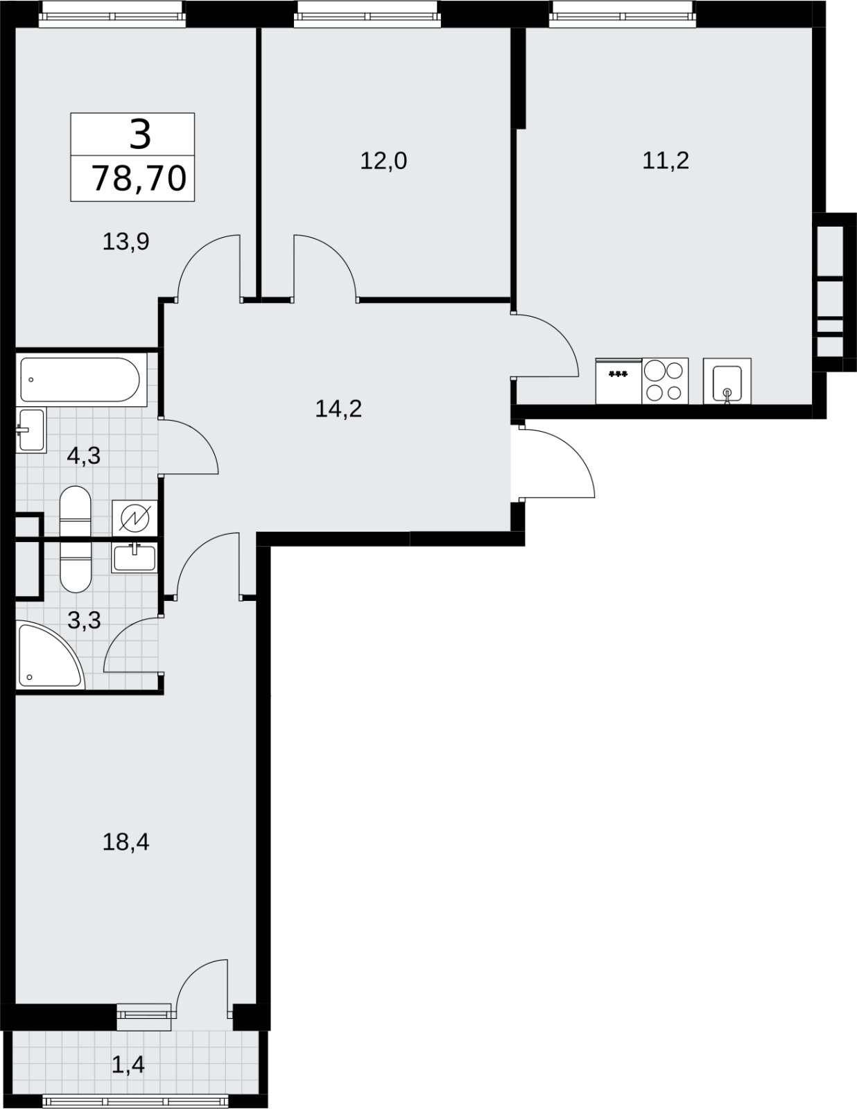 3-комнатная квартира без отделки, 78.7 м2, 6 этаж, сдача 3 квартал 2026 г., ЖК Родные кварталы, корпус 3.1 - объявление 2378288 - фото №1