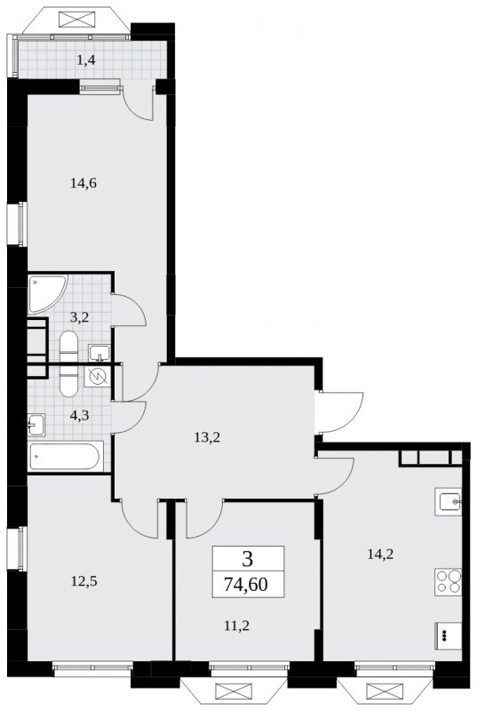3-комнатная квартира без отделки, 74.6 м2, 12 этаж, сдача 1 квартал 2025 г., ЖК Бунинские кварталы, корпус 1.3 - объявление 1834811 - фото №1