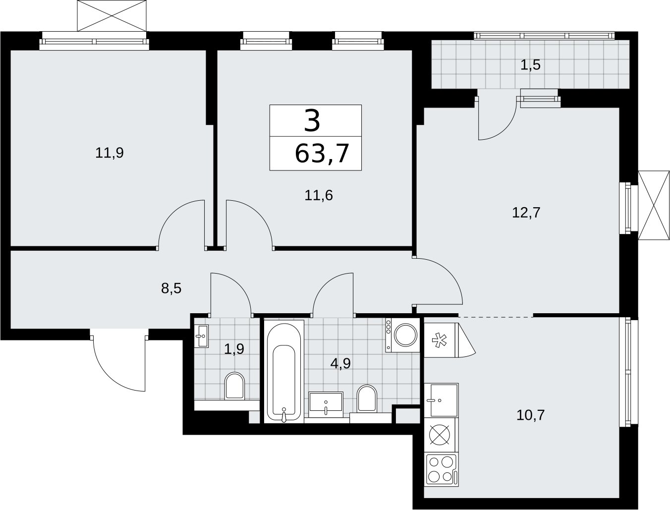 3-комнатная квартира с полной отделкой, 63.7 м2, 2 этаж, сдача 2 квартал 2026 г., ЖК Бунинские кварталы, корпус 7.1 - объявление 2319557 - фото №1