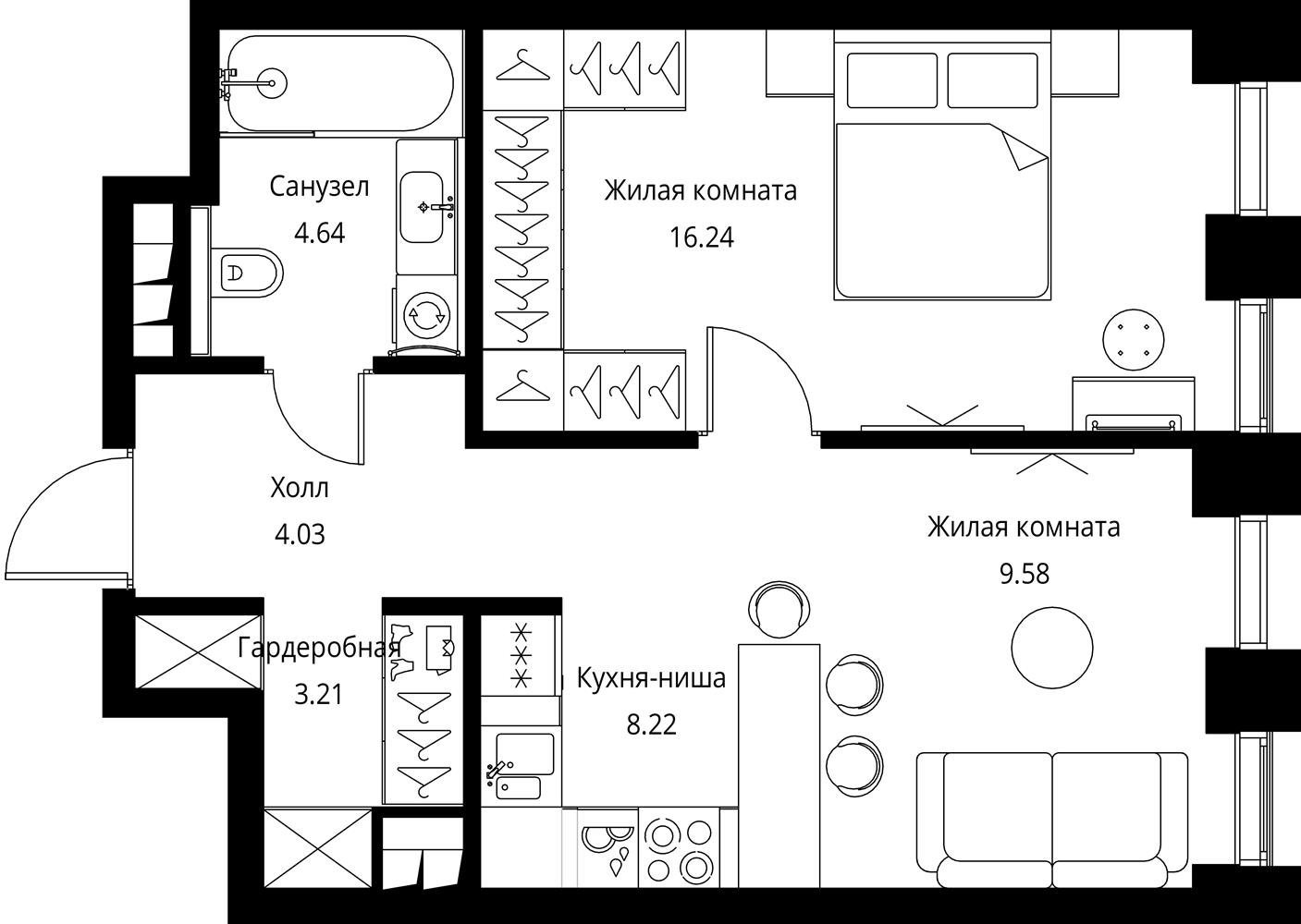 1-комнатная квартира с частичной отделкой, 45.92 м2, 2 этаж, сдача 3 квартал 2026 г., ЖК City Bay, корпус North Ocean 7 - объявление 2277664 - фото №1