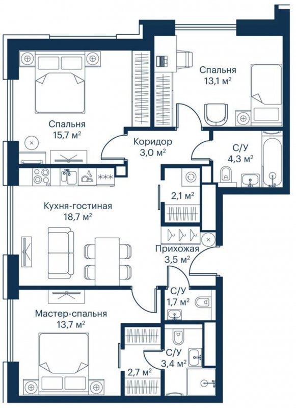 3-комнатная квартира с частичной отделкой, 82.37 м2, 6 этаж, сдача 2 квартал 2023 г., ЖК City Bay, корпус Indian Ocean 2 - объявление 1695873 - фото №1