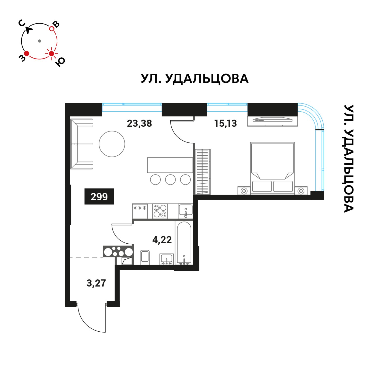 2-комнатная квартира без отделки, 46 м2, 24 этаж, сдача 1 квартал 2025 г., ЖК Инноватор, корпус А - объявление 2416576 - фото №1