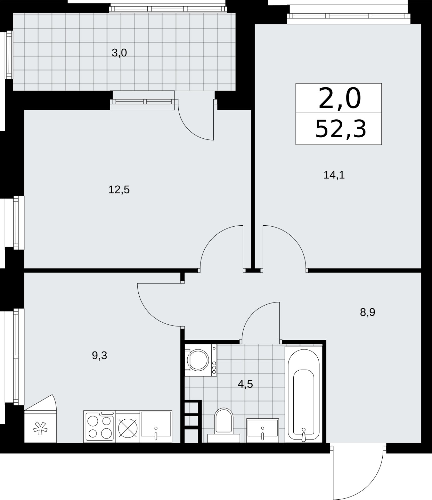 2-комнатная квартира с частичной отделкой, 52.3 м2, 3 этаж, сдача 2 квартал 2026 г., ЖК Дзен-кварталы, корпус 3.3 - объявление 2400232 - фото №1