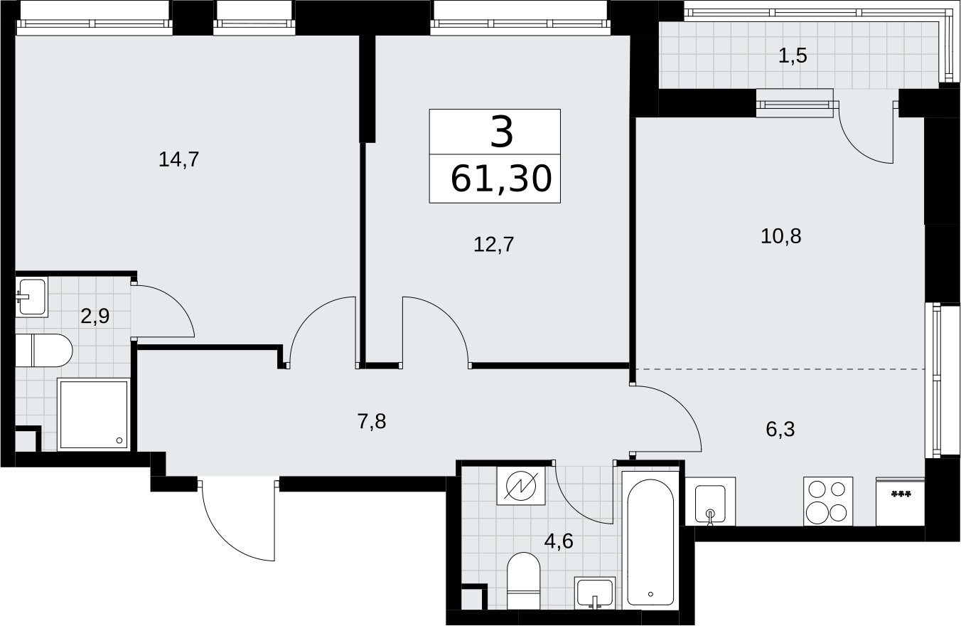3-комнатная квартира (евро) без отделки, 61.3 м2, 2 этаж, сдача 3 квартал 2026 г., ЖК Родные кварталы, корпус 3.4 - объявление 2378641 - фото №1
