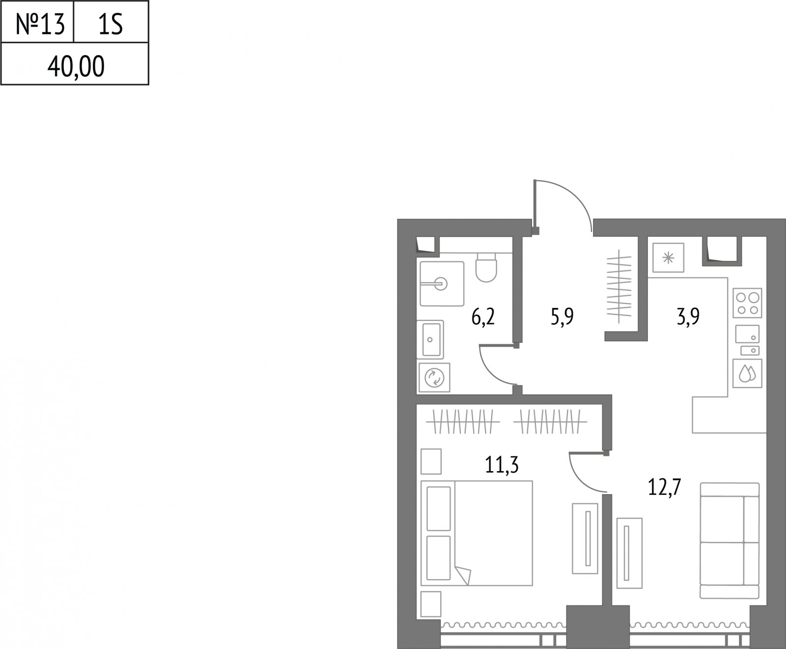 1-комнатная квартира без отделки, 39.9 м2, 4 этаж, сдача 2 квартал 2026 г., ЖК Upside Towers, корпус 1 - объявление 2326394 - фото №1