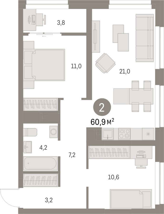 2-комнатная квартира с частичной отделкой, 60.88 м2, 12 этаж, сдача 1 квартал 2025 г., ЖК Первый квартал, корпус Дом 5 - объявление 2281549 - фото №1