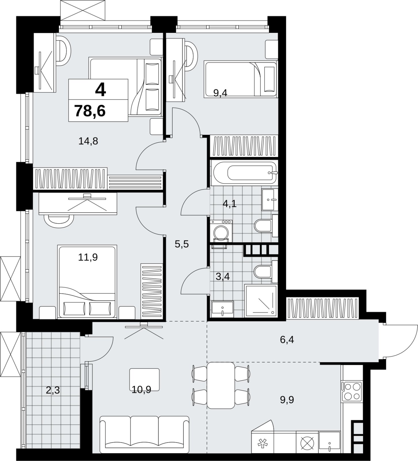 4-комнатная квартира (евро) с полной отделкой, 78.6 м2, 6 этаж, сдача 1 квартал 2027 г., ЖК Скандинавия, корпус 2.18.2.3 - объявление 2351362 - фото №1