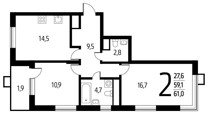 2-комнатная квартира с полной отделкой, 61 м2, 3 этаж, сдача 1 квартал 2024 г., ЖК Новые Ватутинки. Центральный, корпус 9/1/1.2 - объявление 1674955 - фото №1