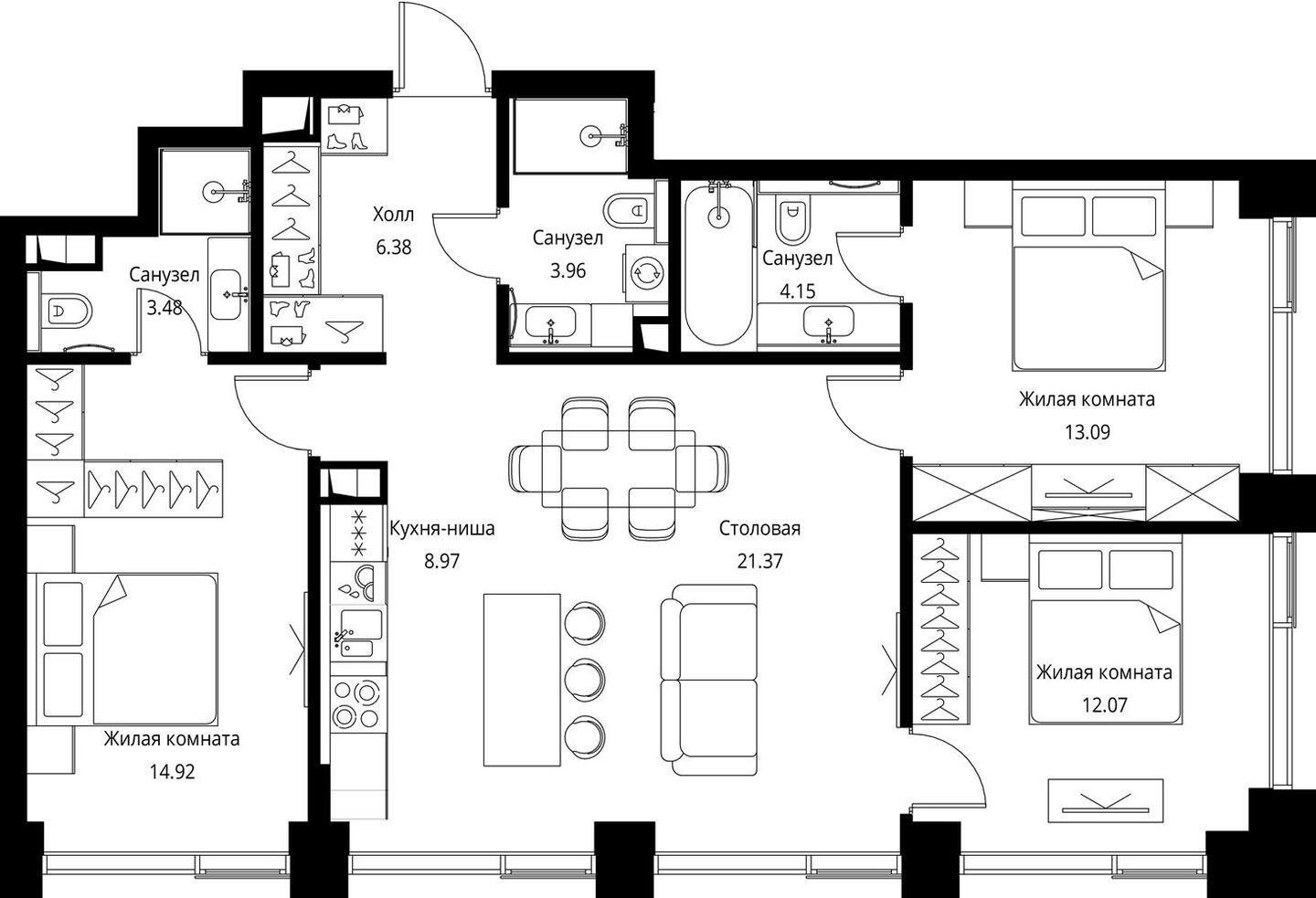 3-комнатная квартира с частичной отделкой, 88.39 м2, 3 этаж, сдача 3 квартал 2026 г., ЖК City Bay, корпус North Ocean 6 - объявление 2240668 - фото №1
