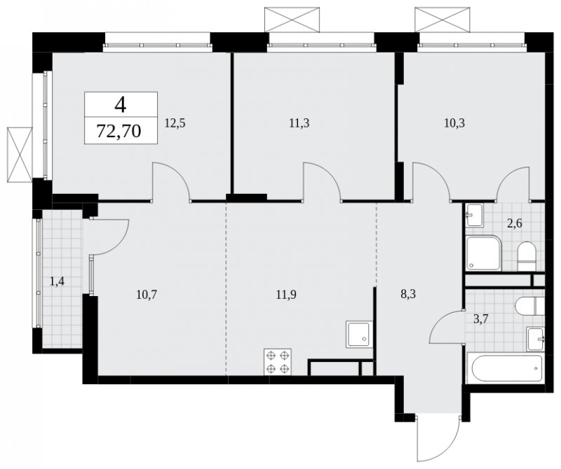 4-комнатная квартира (евро) с частичной отделкой, 72.7 м2, 16 этаж, сдача 4 квартал 2024 г., ЖК Скандинавия, корпус 36.3.1 - объявление 1894644 - фото №1
