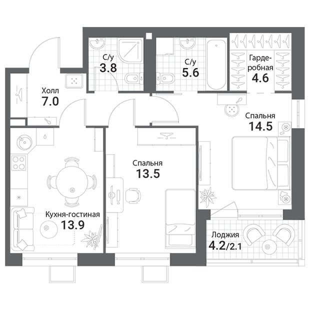 2-комнатная квартира без отделки, 65 м2, 7 этаж, сдача 1 квартал 2023 г., ЖК Nagatino i-Land, корпус В - объявление 1761064 - фото №1