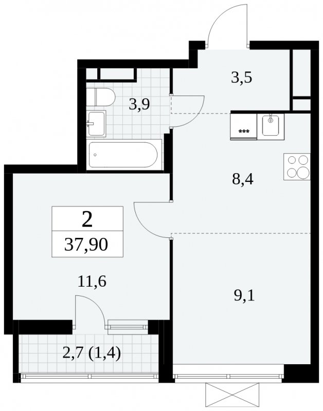 2-комнатная квартира (евро) без отделки, 37.9 м2, 15 этаж, сдача 2 квартал 2024 г., ЖК Прокшино, корпус 6.1 - объявление 1662756 - фото №1