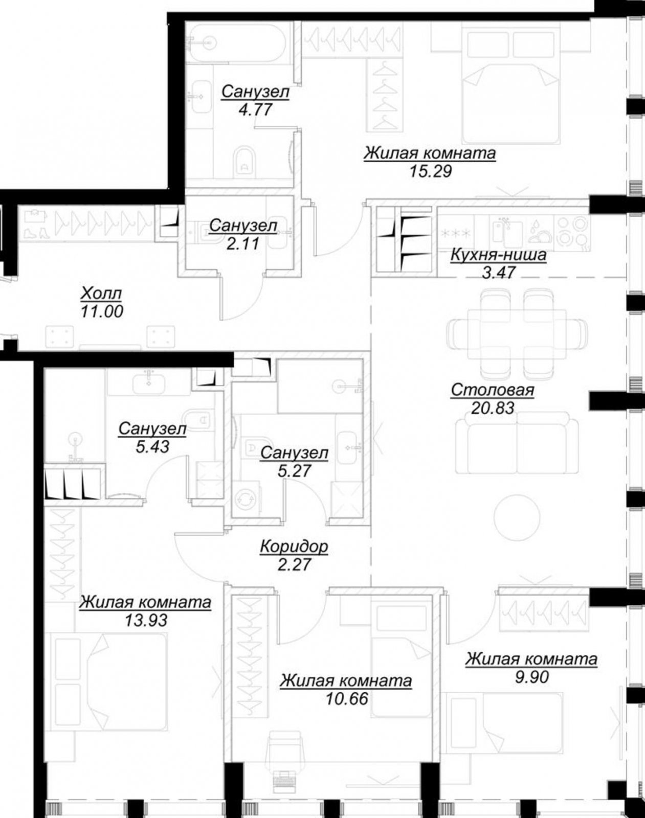 4-комнатная квартира с частичной отделкой, 104.6 м2, 35 этаж, сдача 4 квартал 2024 г., ЖК MOD, корпус Camus - объявление 2191653 - фото №1