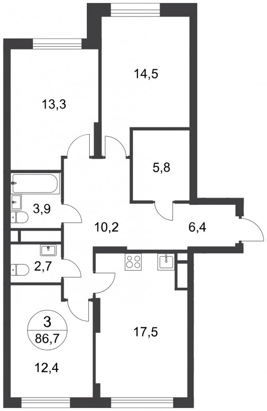 3-комнатная квартира с полной отделкой, 86.7 м2, 4 этаж, сдача 3 квартал 2025 г., ЖК город-парк Переделкино Ближнее, корпус 17-3 - объявление 2343298 - фото №1