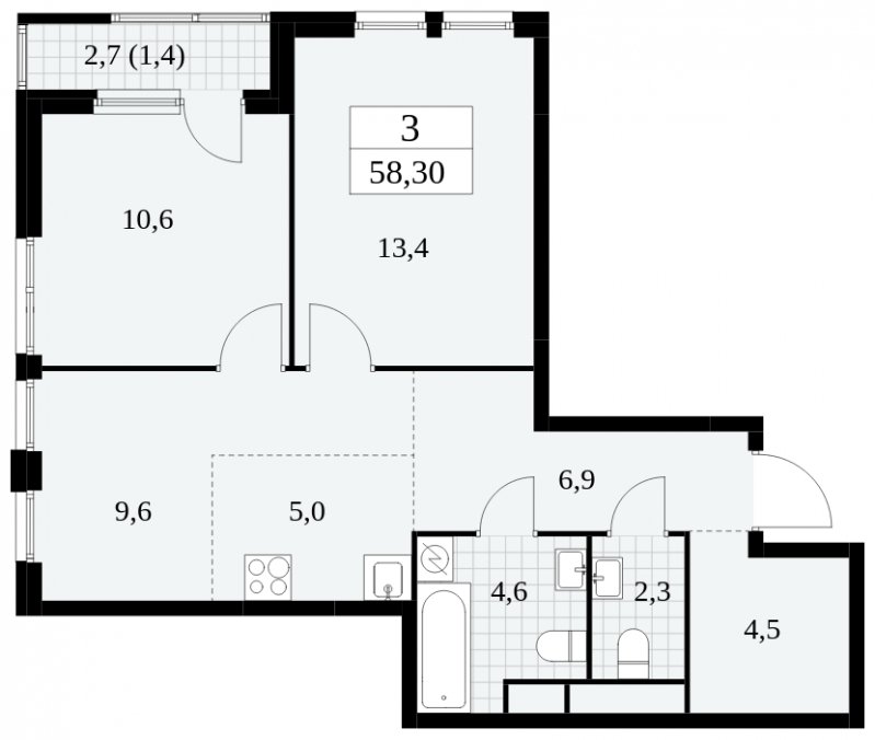 3-комнатная квартира (евро) с частичной отделкой, 58.3 м2, 18 этаж, сдача 2 квартал 2025 г., ЖК Южные сады, корпус 2.2 - объявление 1757587 - фото №1