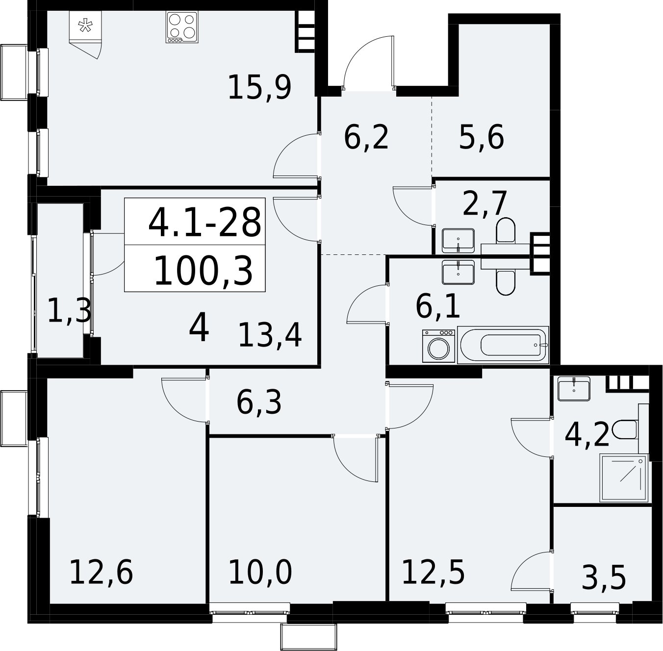 4-комнатная квартира с полной отделкой, 100.3 м2, 6 этаж, сдача 2 квартал 2027 г., ЖК Южные сады, корпус 4.1.1 - объявление 2392569 - фото №1