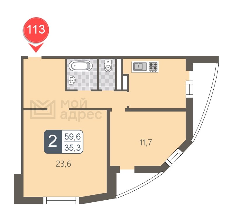 2-комнатная квартира с полной отделкой, 59.6 м2, 13 этаж, дом сдан, ЖК мой адрес В Зеленограде, корпус 848 - объявление 1850387 - фото №1