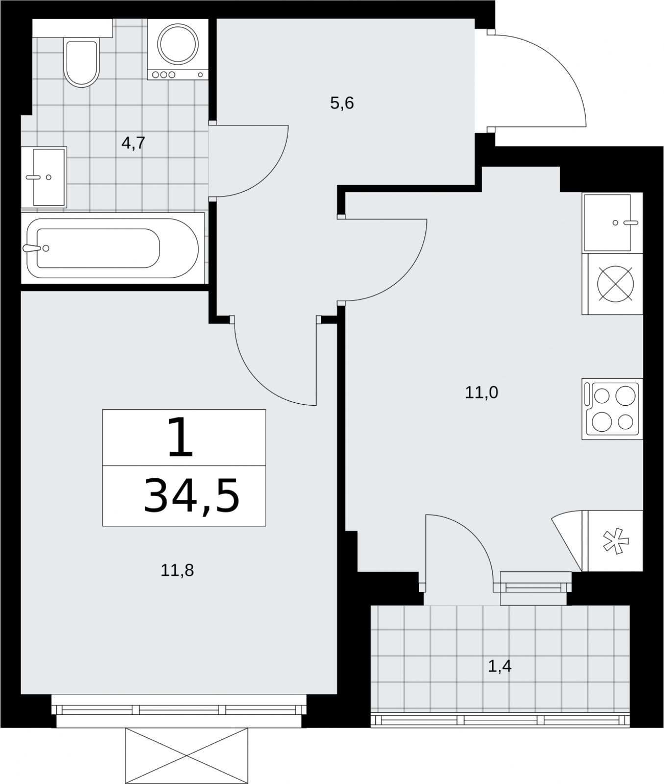 1-комнатная квартира без отделки, 34.5 м2, 14 этаж, сдача 2 квартал 2026 г., ЖК Бунинские кварталы, корпус 7.4 - объявление 2314147 - фото №1