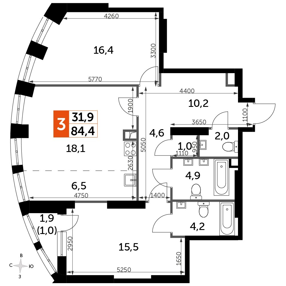 2-комнатная квартира с частичной отделкой, 84.4 м2, 3 этаж, сдача 3 квартал 2024 г., ЖК Sydney City, корпус 2.2 - объявление 2246538 - фото №1