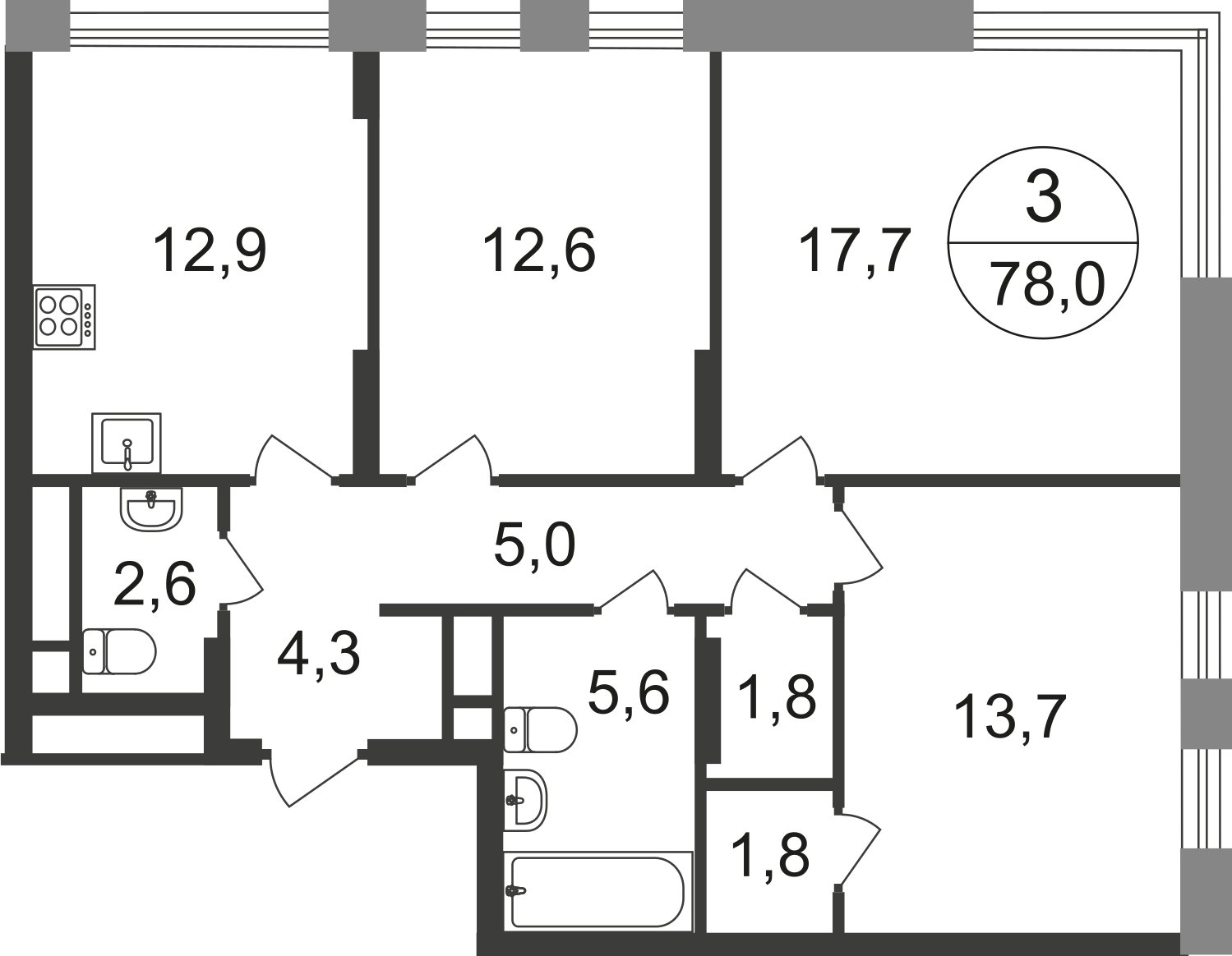3-комнатная квартира без отделки, 78 м2, 11 этаж, сдача 1 квартал 2025 г., ЖК город-парк Переделкино Ближнее, корпус 17-1 - объявление 2351879 - фото №1