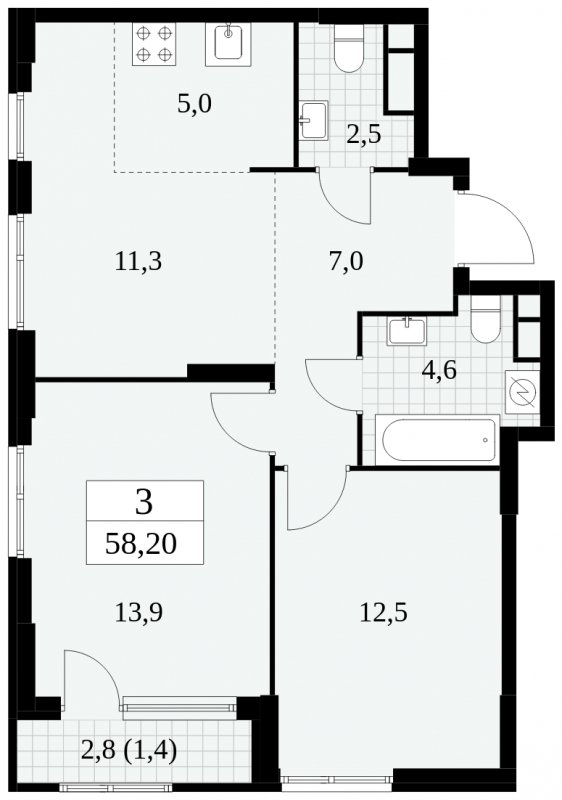 3-комнатная квартира (евро) без отделки, 58.2 м2, 3 этаж, сдача 2 квартал 2025 г., ЖК Южные сады, корпус 2.4 - объявление 1760430 - фото №1