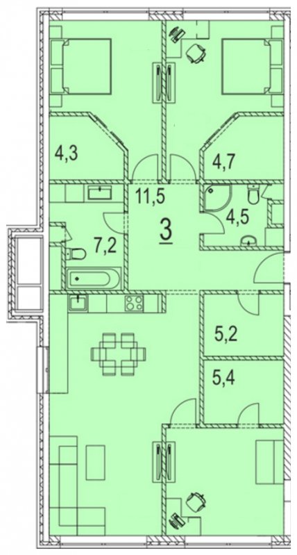 3-комнатная квартира без отделки, 119.5 м2, 13 этаж, дом сдан, ЖК Хорошевский, корпус 5 - объявление 394545 - фото №1