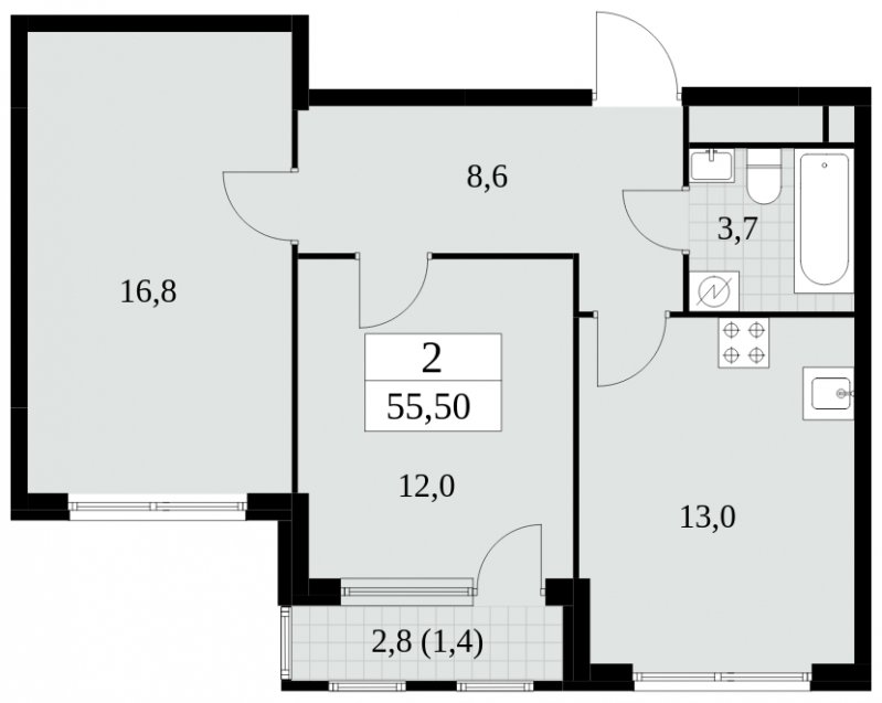 2-комнатная квартира без отделки, 55.5 м2, 19 этаж, сдача 2 квартал 2025 г., ЖК Южные сады, корпус 2.4 - объявление 1760367 - фото №1