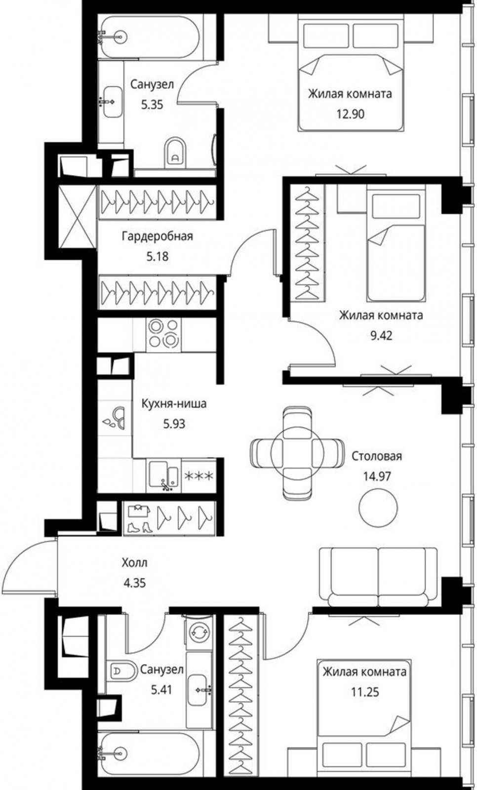 3-комнатная квартира с частичной отделкой, 76.49 м2, 32 этаж, сдача 3 квартал 2026 г., ЖК City Bay, корпус North Ocean 8 - объявление 2240604 - фото №1