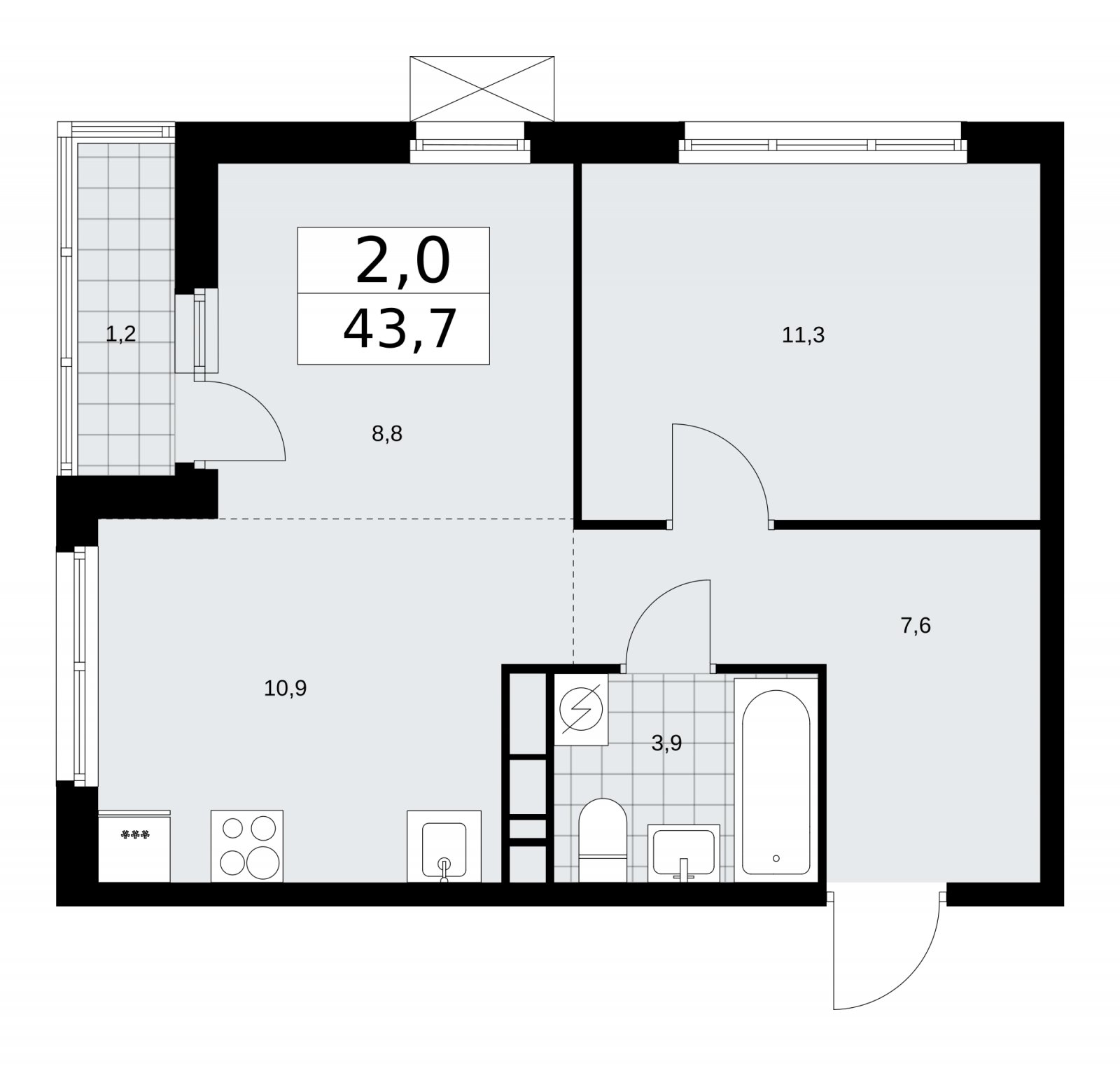 2-комнатная квартира (евро) с частичной отделкой, 43.7 м2, 7 этаж, сдача 1 квартал 2026 г., ЖК Скандинавия, корпус 37.1.3 - объявление 2216466 - фото №1