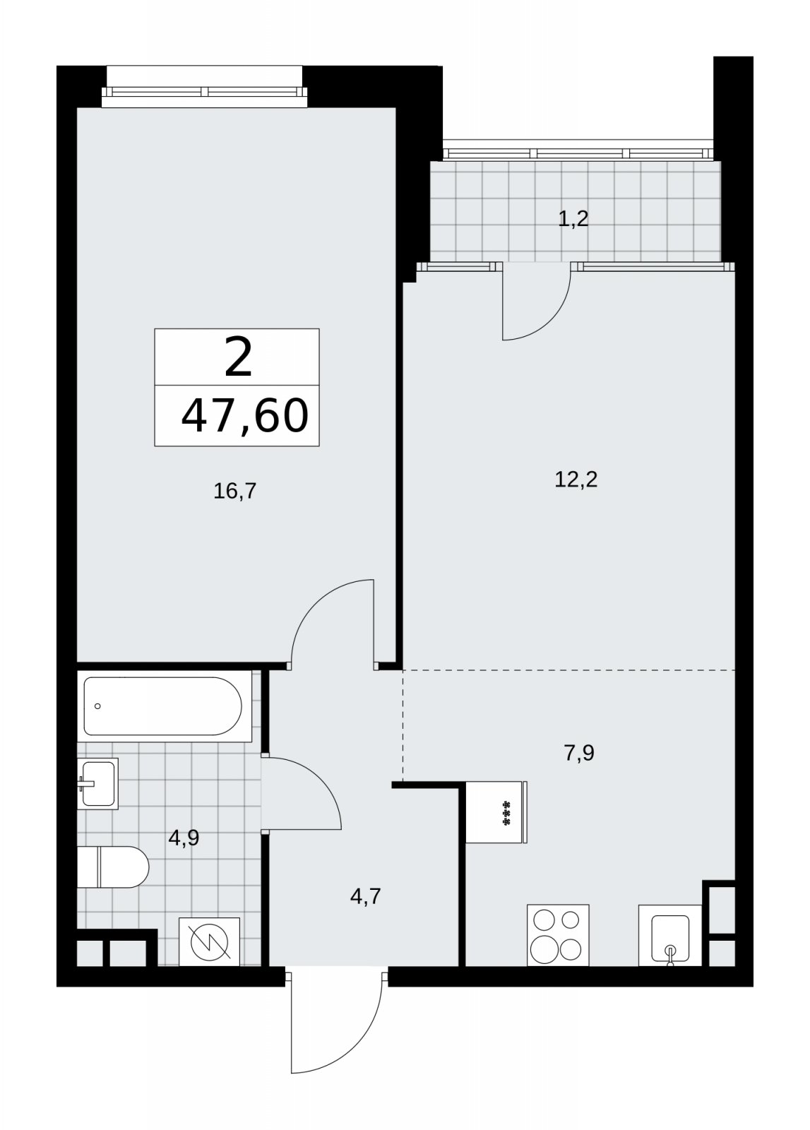 2-комнатная квартира (евро) с частичной отделкой, 47.6 м2, 9 этаж, сдача 1 квартал 2026 г., ЖК Дом на Зорге, корпус 25 - объявление 2221073 - фото №1