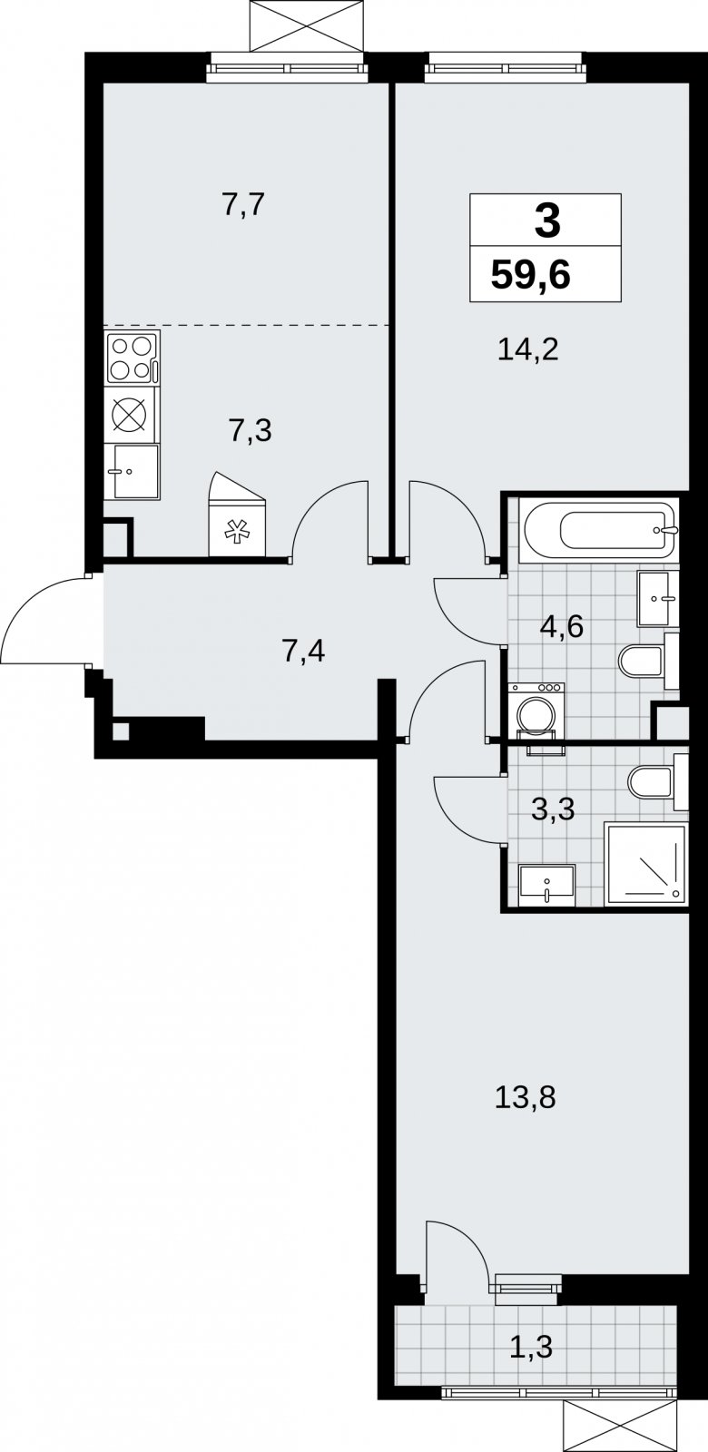 3-комнатная квартира (евро) с полной отделкой, 59.6 м2, 2 этаж, сдача 3 квартал 2026 г., ЖК Дзен-кварталы, корпус 6.1.3 - объявление 2327376 - фото №1