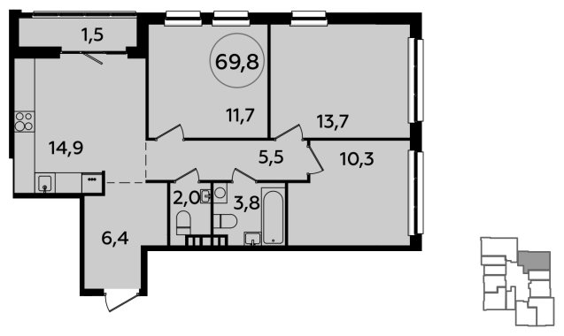 3-комнатная квартира с частичной отделкой, 69.8 м2, 6 этаж, сдача 2 квартал 2024 г., ЖК Южные сады, корпус 1.1 - объявление 2348890 - фото №1