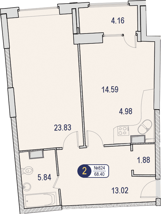 2-комнатные апартаменты без отделки, 68.4 м2, 8 этаж, дом сдан, ЖК МФК Маршал, корпус 9 - объявление 1452941 - фото №1