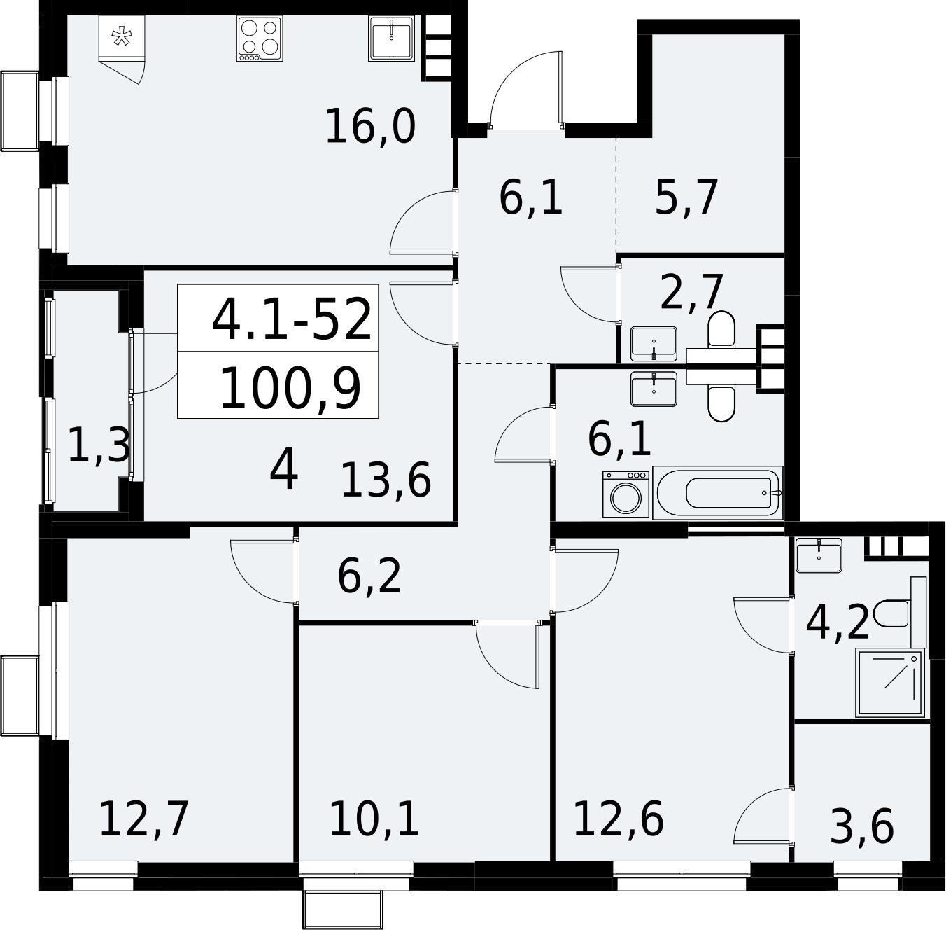 4-комнатная квартира с полной отделкой, 100.9 м2, 10 этаж, сдача 2 квартал 2027 г., ЖК Южные сады, корпус 4.1.1 - объявление 2392593 - фото №1