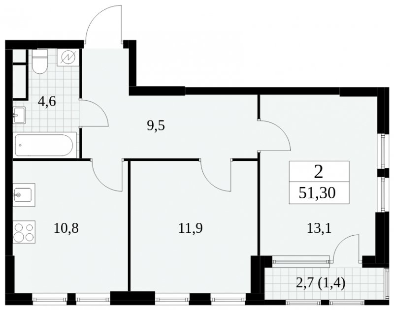 2-комнатная квартира без отделки, 51.3 м2, 11 этаж, сдача 2 квартал 2025 г., ЖК Южные сады, корпус 2.3 - объявление 1758181 - фото №1