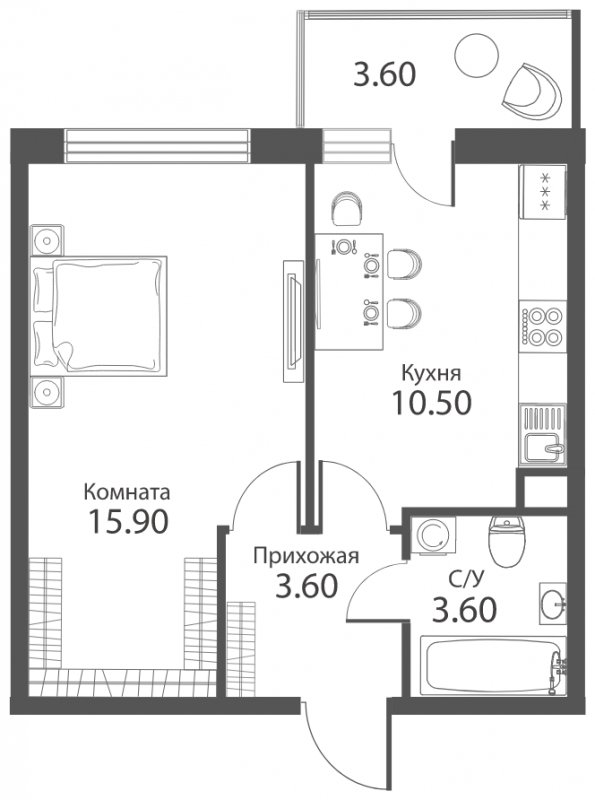 1-комнатная квартира с частичной отделкой, 34.7 м2, 2 этаж, сдача 2 квартал 2022 г., ЖК Аквилон PARK, корпус 1 - объявление 1641218 - фото №1