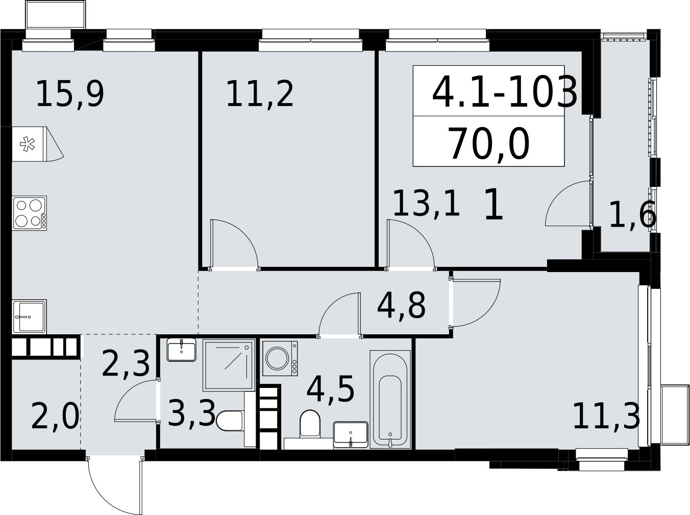 3-комнатная квартира с полной отделкой, 70 м2, 19 этаж, сдача 2 квартал 2027 г., ЖК Южные сады, корпус 4.1.1 - объявление 2392644 - фото №1