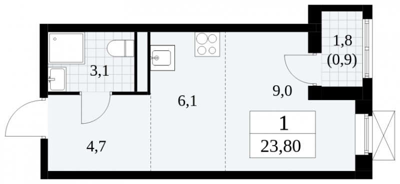 1-комнатная квартира без отделки, 23.8 м2, 4 этаж, сдача 2 квартал 2024 г., ЖК Прокшино, корпус 6.3 - объявление 1662930 - фото №1
