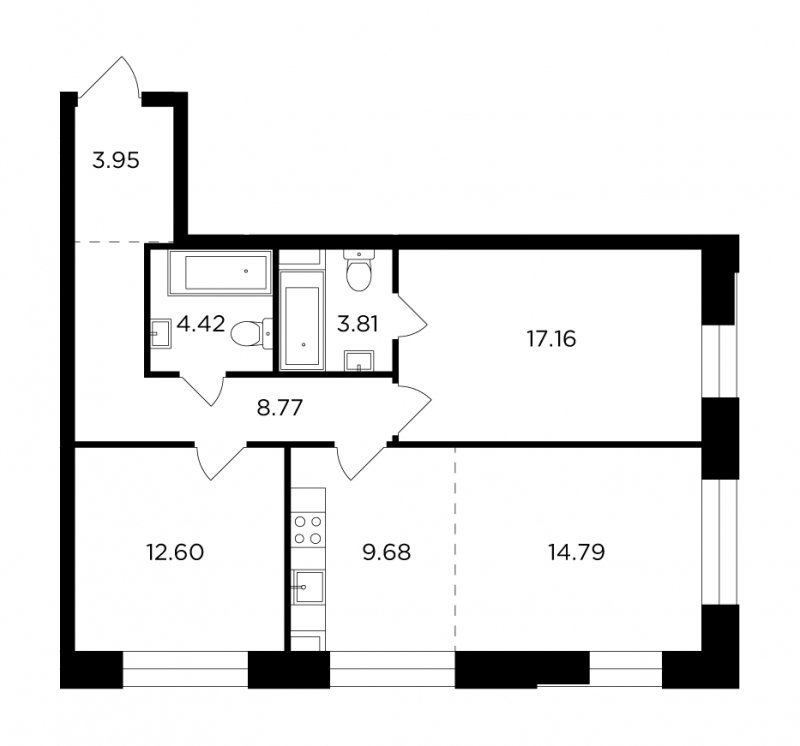 3-комнатная квартира без отделки, 75.18 м2, 14 этаж, сдача 4 квартал 2023 г., ЖК FORIVER, корпус 7 - объявление 1600593 - фото №1
