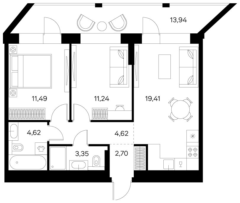 2-комнатная квартира без отделки, 64.41 м2, 8 этаж, сдача 4 квартал 2024 г., ЖК FØRST, корпус 1 - объявление 1942331 - фото №1