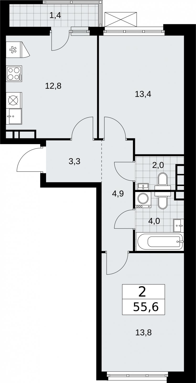 2-комнатная квартира без отделки, 55.6 м2, 7 этаж, сдача 2 квартал 2026 г., ЖК Бунинские кварталы, корпус 5.4 - объявление 2297843 - фото №1