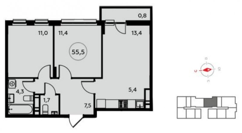 3-комнатная квартира (евро) с полной отделкой, 55.9 м2, 14 этаж, сдача 1 квартал 2023 г., ЖК Белые ночи, корпус 3.1 - объявление 1825554 - фото №1