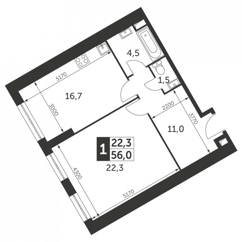 1-комнатная квартира с частичной отделкой, 56 м2, 3 этаж, сдача 4 квартал 2023 г., ЖК Архитектор, корпус 3 - объявление 1566133 - фото №1