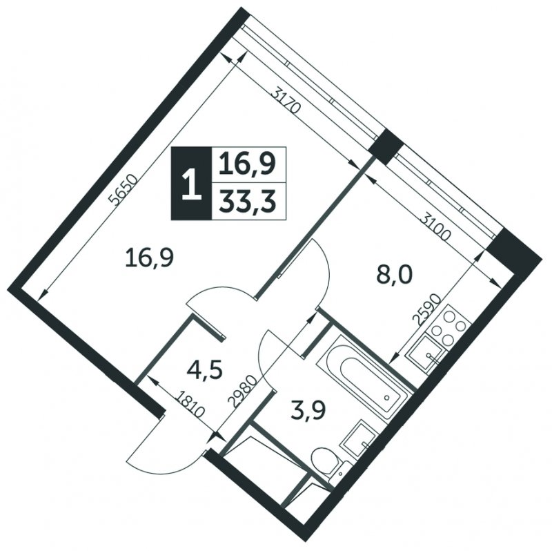 1-комнатная квартира без отделки, 33.3 м2, 10 этаж, дом сдан, ЖК Датский квартал, корпус 4 - объявление 1677830 - фото №1