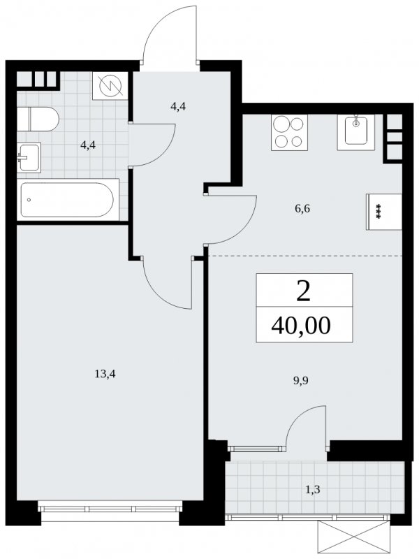 2-комнатная квартира (евро) без отделки, 40 м2, 4 этаж, сдача 1 квартал 2025 г., ЖК Бунинские кварталы, корпус 2.3 - объявление 1882510 - фото №1