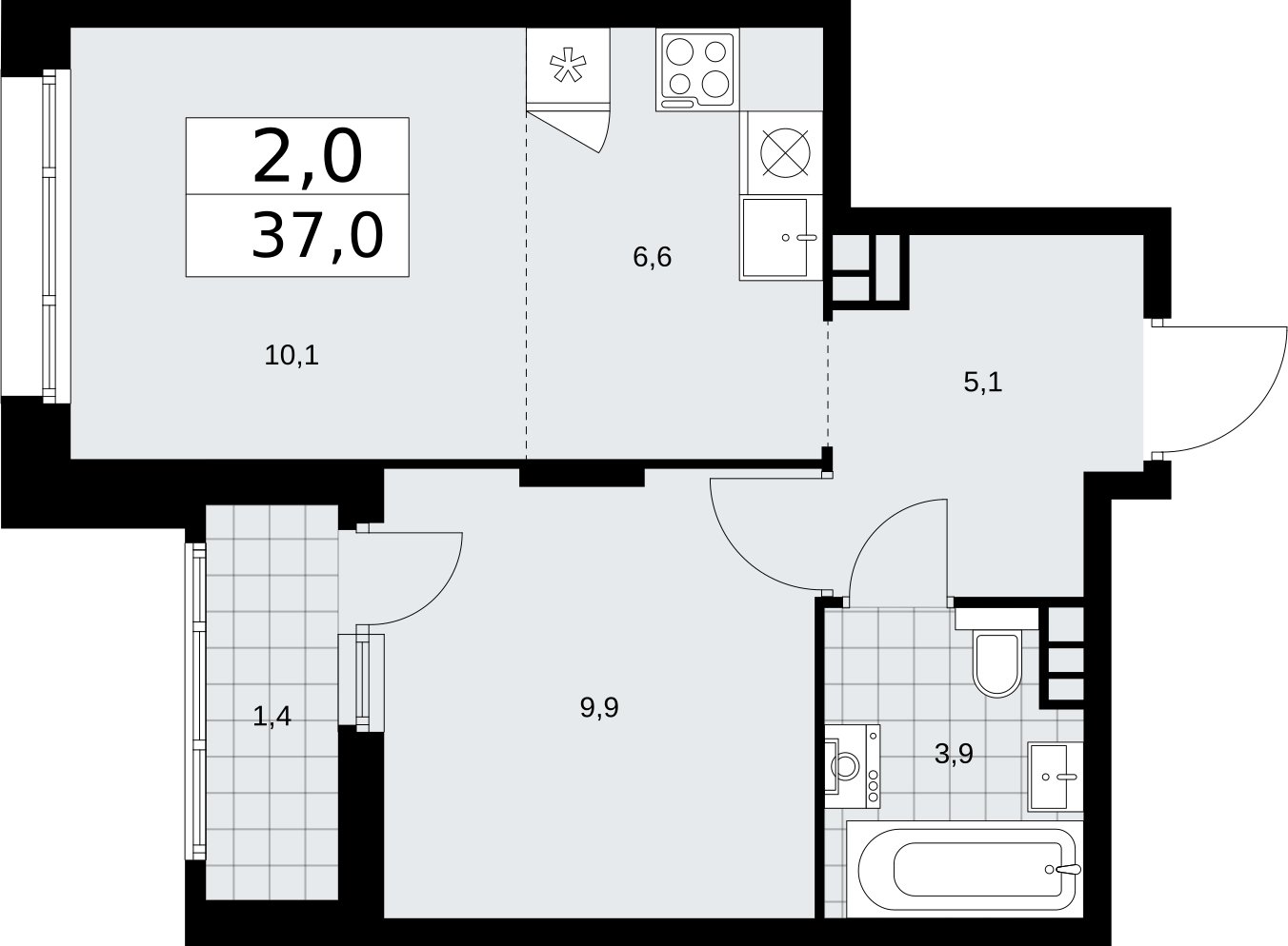 2-комнатная квартира (евро) с частичной отделкой, 37 м2, 4 этаж, сдача 2 квартал 2026 г., ЖК Прокшино, корпус 10.1.6 - объявление 2379191 - фото №1