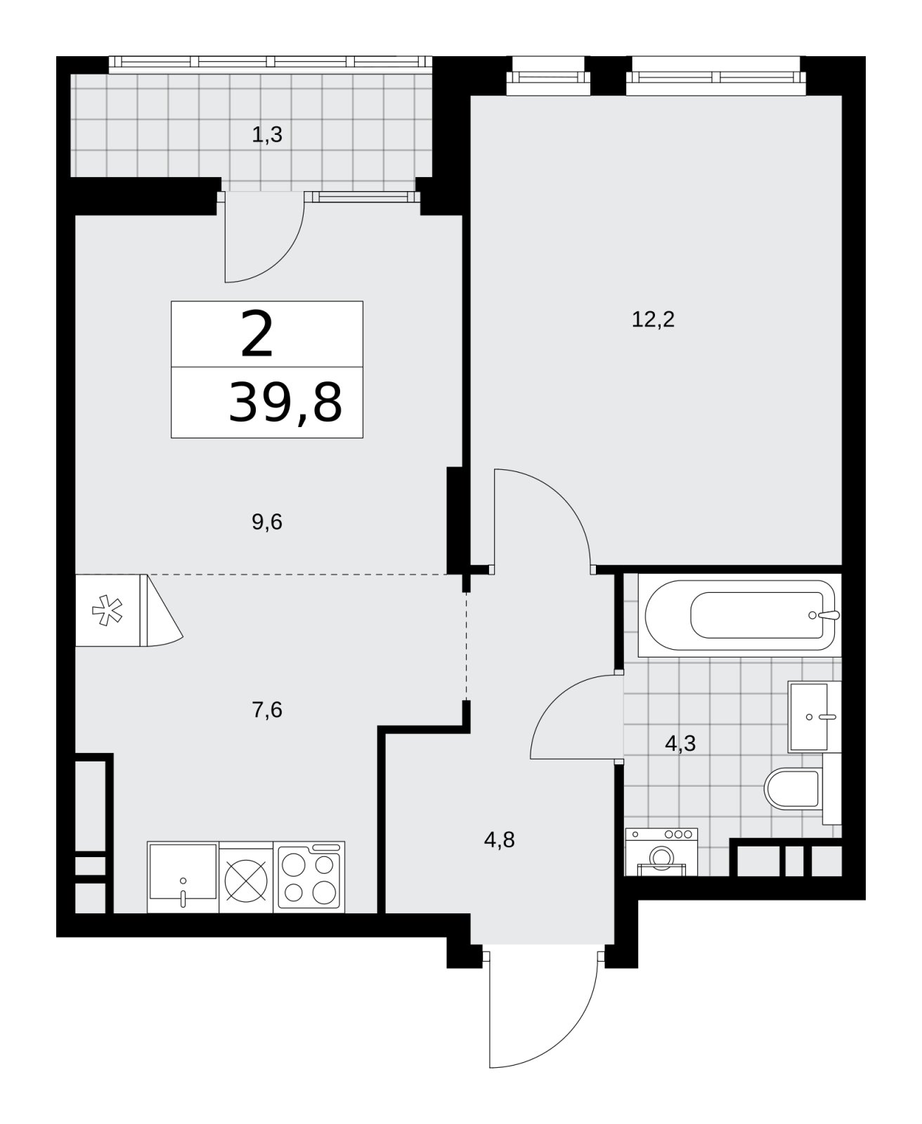 2-комнатная квартира (евро) с полной отделкой, 39.8 м2, 9 этаж, сдача 2 квартал 2026 г., ЖК Деснаречье, корпус 4.8 - объявление 2265295 - фото №1
