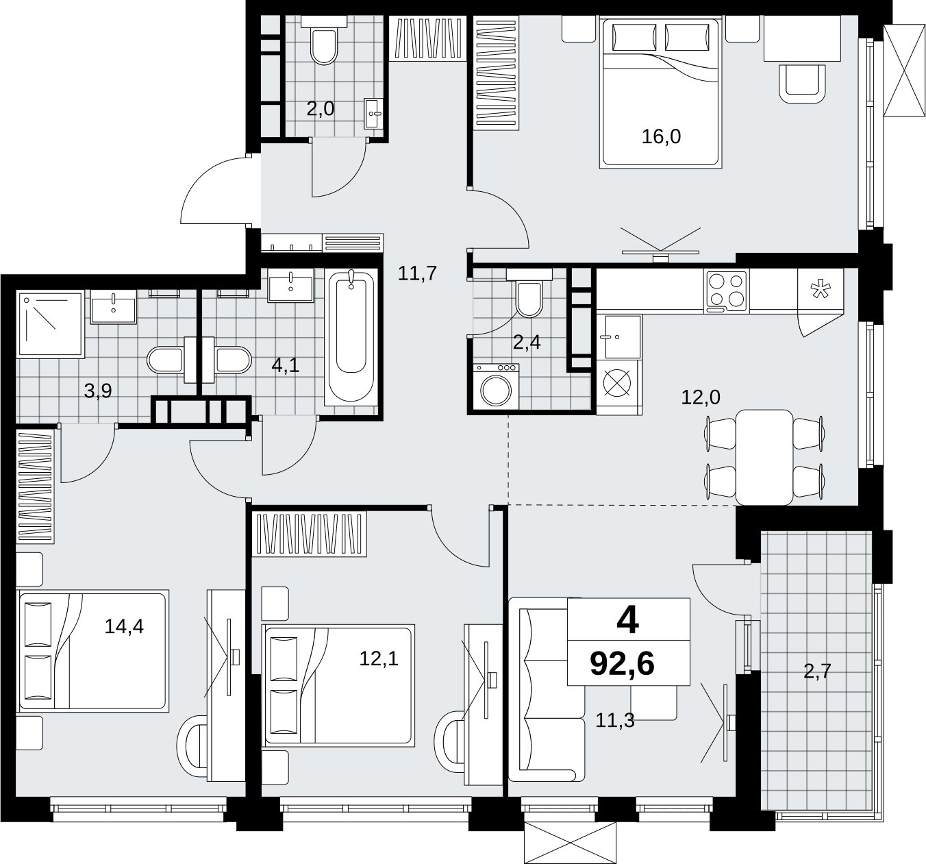 4-комнатная квартира (евро) без отделки, 92.6 м2, 15 этаж, сдача 4 квартал 2026 г., ЖК Скандинавия, корпус 2.18.2.6 - объявление 2351832 - фото №1